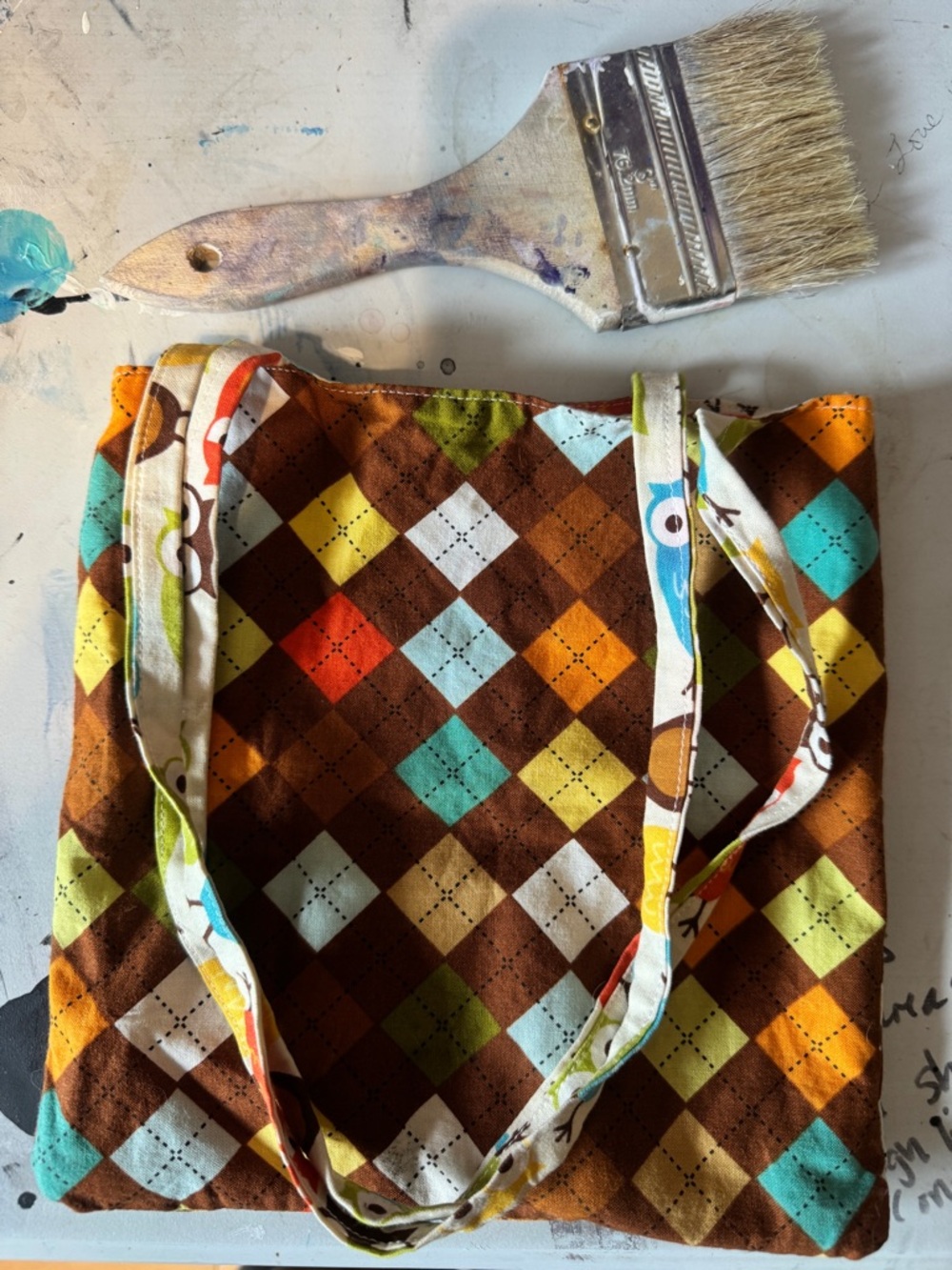 Handmade Reversible Art Tote Project Bag Owl & Argyle - Picture 10 of 10